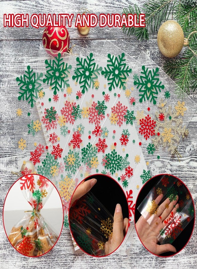 Resholder 100 Counts 28 x 13 cm Xmas Flat Clear Cellophane Treat Bags Block Bottom Storage Bags with 100 Pieces Twist Ties For Christmas Party Favor(Red Green Gold,Snowflake) - Image 3